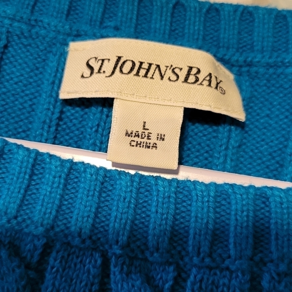 St. John's Bay turquoise blue long sleeve cable knit sweater  button detail Sz L - Picture 5 of 5